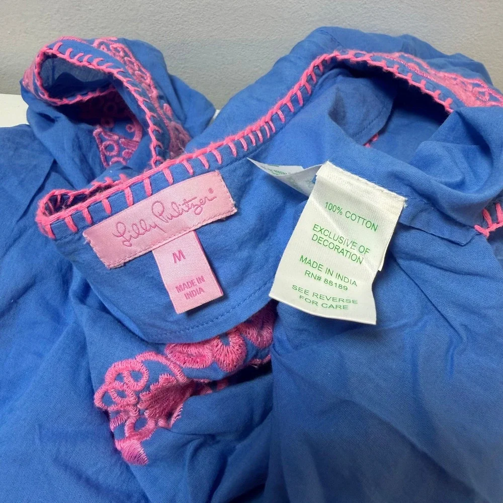Lilly Pulitzer Piet Cover Up Tunic Sz Medium‎ Blue Pink Embroidered Beach Dress